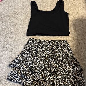 SHEIN Black and Cream Floral Skirt Set